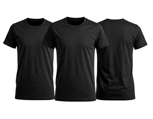 Three black t-shirts. One shown from the front, back, and side angles, set on a plain black background