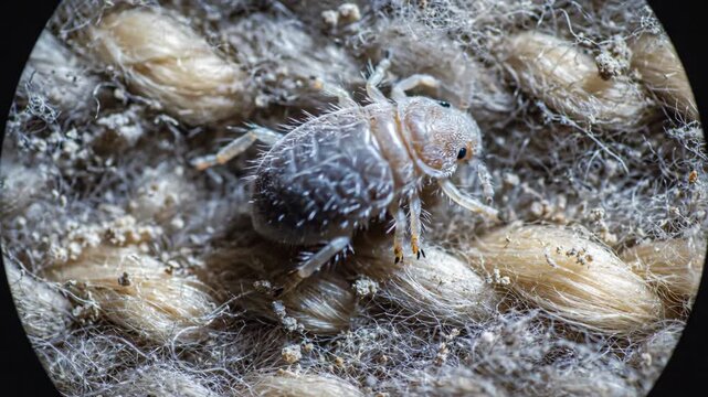 Microscopic Dust Mite on Fabric - A magnified view reveals a dust mite crawling across a textured fabric surface.