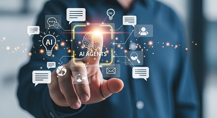 Fototapeta premium Man's Hand Touching Glowing AI Agents Brain Icon with Network of Chat Icons