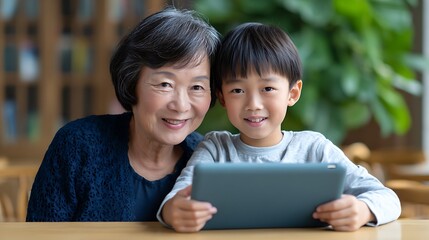 Grandmother and Grandchild Happily Playing a Game on a Digital Tablet Together