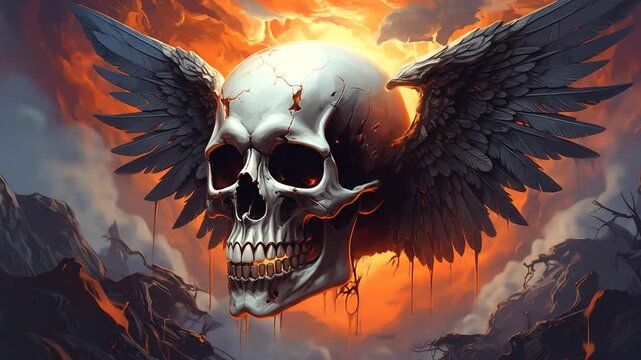 Winged Skull in Fiery Inferno A Macabre Fantasy Art Piece