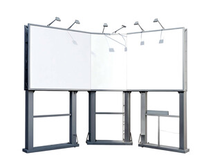 Three blank billboards meet in a corner; silver metal framing. Illuminated by lights. Isolated on a black background