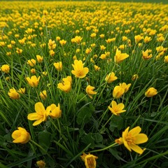 Fototapeta premium Vibrant yellow spring wildflowers blooming profusely across a sunny, green meadow under a bright blue sky, signaling the season's start ,sunny ,ecosystem ,botany