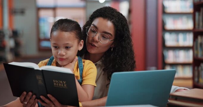 Library, child and woman with bible, reading and devotion with book, teaching or spiritual knowledge. Learn, theology and person with holy scripture for religion, tutor and explaining belief to girl
