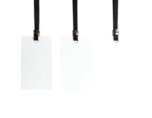Three blank white cards hanging by black lanyards, evenly spaced against a plain black background, angled lighting