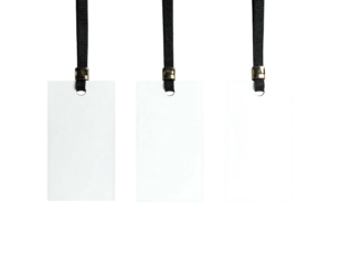 Three blank white cards hanging by black lanyards, evenly spaced against a plain black background, angled lighting