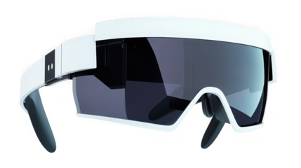 A futuristic white headset with dark lenses and sleek design isolated on a black background