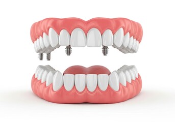 Fototapeta premium Prosthetic Full Denture with White Teeth and Implants on a White Background Dental Set
