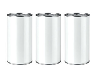 Three blank white cylindrical cans standing in a row against a black background, offering a clean and simple presentation