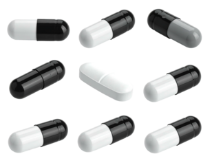 Nine isolated pills, mostly two-toned black and white, with one solid white oblong pill in the center