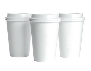 Three blank white disposable cups with lids are clustered against a black background, arranged slightly offset