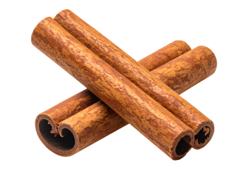 Two cinnamon sticks are intersecting on a transparent background with rich brown and tan tones