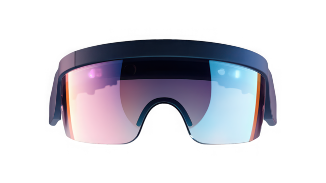 A close up of futuristic visor style sunglasses with iridescent lens on a black isolated background