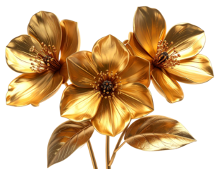 Three golden flowers bloom, with glossy petals and leaves against a dark backdrop, radiating metallic elegance