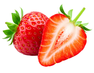 Two strawberries, one whole and one cut in half, displaying juicy red flesh on a dark background