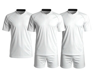 Three blank white short-sleeved sport uniforms with black necks and short pants, displayed against a black backdrop