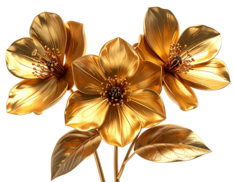 Three golden flowers bloom, with glossy petals and leaves against a dark backdrop, radiating metallic elegance