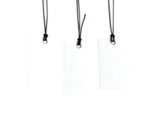 Three blank white tags hang from black cords, against a stark black background creating high contrast