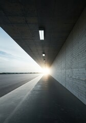 Dramatic perspective view of a long concrete tunnel exit showing the bright light outdoors, symbolizing hope and the future path ahead ,opening ,urban ,movement