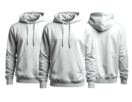 Three blank white hoodies are displayed, front, angled, and back view, ready for design mockups or customization