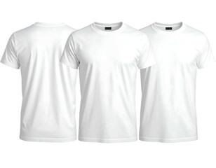 Three blank white t-shirts, front and back view, isolated on black backdrop, for graphic design display