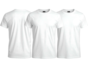 Three blank white t-shirts, front and back view, isolated on black backdrop, for graphic design display