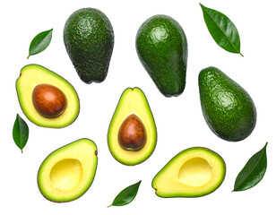 Overhead flat lay of whole and halved avocados with leaves against a stark black background