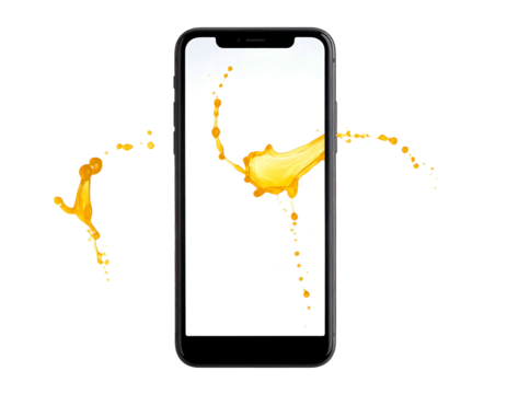 Phone shows splash effect, bright yellow fluid bursts on a mobile device against stark black background