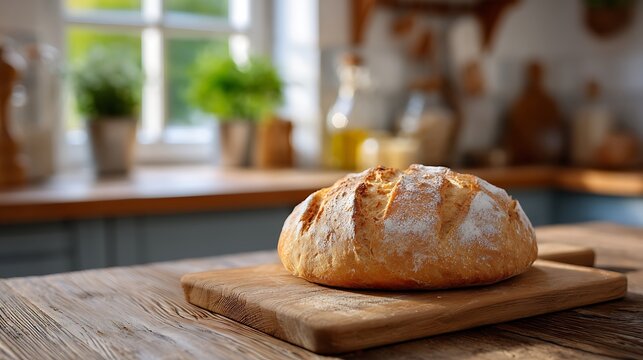 Homemade baking concept, a warm, golden-brown loaf of bread sitting on an aged wooden board in a kitchen setting - Powered by Adobe