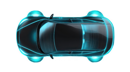 Aerial view of a futuristic car with glowing blue accents on a stark black background design element