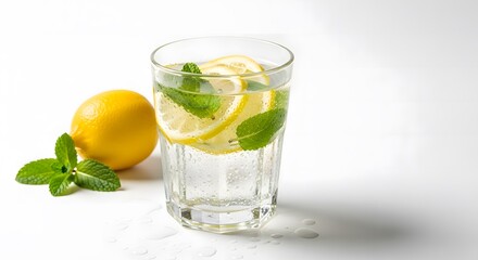 Fototapeta premium Refreshing Lemon Water with Mint in a Glass on a White Surface