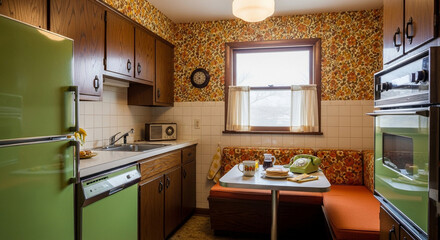 Retro Kitchen with Green Appliances and Floral Wallpaper vintage 1970s