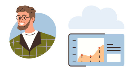 Smiling man next to data chart with upward trend and cloud icon. Ideal for technology, data analytics, progress, innovation, remote work, teamwork, adaptability. Simple flat metaphor