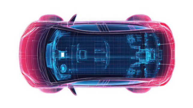 Top view of a wireframe car with pink and blue hues showing internal components on black background