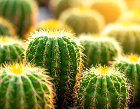 A close-up of several green cactus plants with sharp spikes in the sunlight
