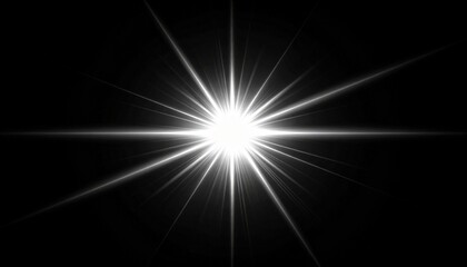 Bright white light effect with lens flare and starburst on black background, abstract glowing light source, sparkling sunbeam or explosion