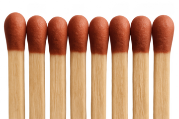 Row of matchsticks with red heads, transparent background