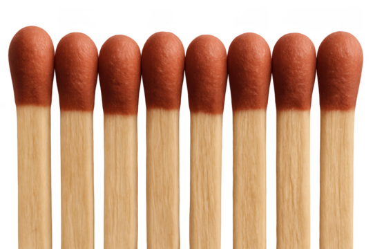 Row of matchsticks with red heads, transparent background