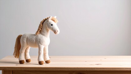 レトロな雰囲気の木の机の上に、かわいい羊毛フェルトの馬の人形が画面の端に小さく置かれている。全体的にノスタルジックでナチュラルな雰囲気。余白とテキストスペースあり。干支、2026年、午年、手作り、ノスタルジー、日本の文化