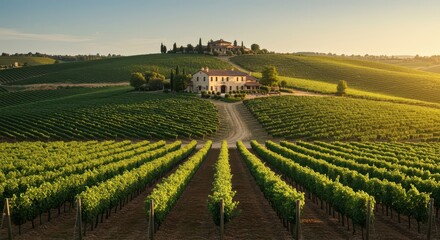 Rolling hills covered in neat rows of grapevines leading toward a beautiful stone winery estate bathed in warm afternoon sunlight ,stone ,afternoon ,rural