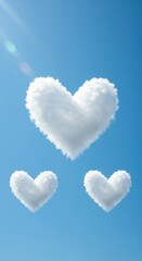 Three perfect fluffy heart clouds floating high in the bright azure summer sky, symbolizing love, romance, peace, and hope ,texture. ,gentle ,bright