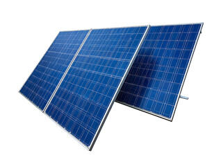 Three blue solar panels shine, tilted, on a black background, harnessing renewable energy from the sun