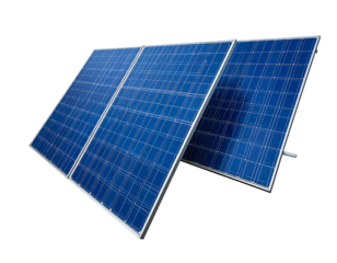 Three blue solar panels shine, tilted, on a black background, harnessing renewable energy from the sun