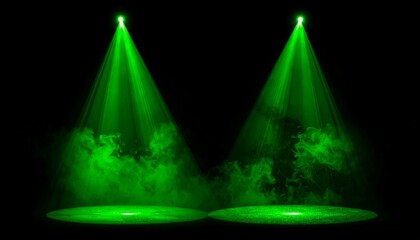 Two vibrant green spotlights illuminating a smoky stage, perfect for abstract backgrounds, product displays, or event promotions with a mysterious and dramatic feel.