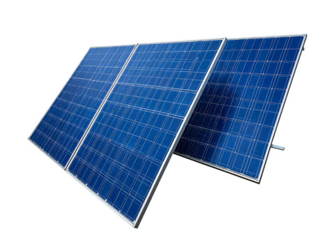 Three blue solar panels shine, tilted, on a black background, harnessing renewable energy from the sun
