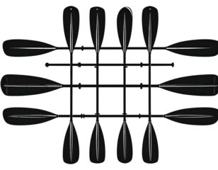 Nine paddles arranged in a grid pattern against a stark black background, creating a graphic design element