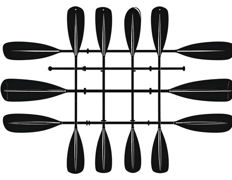Nine paddles arranged in a grid pattern against a stark black background, creating a graphic design element