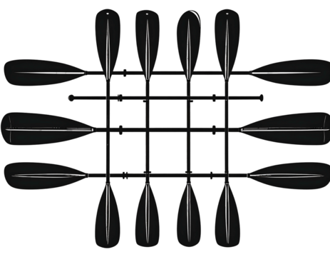 Nine paddles arranged in a grid pattern against a stark black background, creating a graphic design element