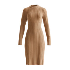 Elegant beige ribbed knit long sleeve dress isolated on transparent background