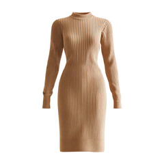 Elegant beige ribbed knit midi dress isolated on transparent background